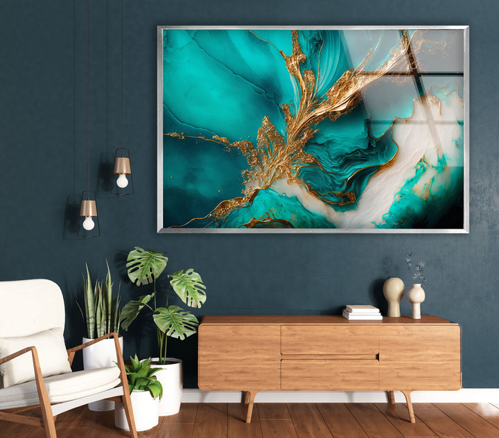 Gold Ink Turquoise Abstract Glass Wall Art, glass image printing, glass prints from photos