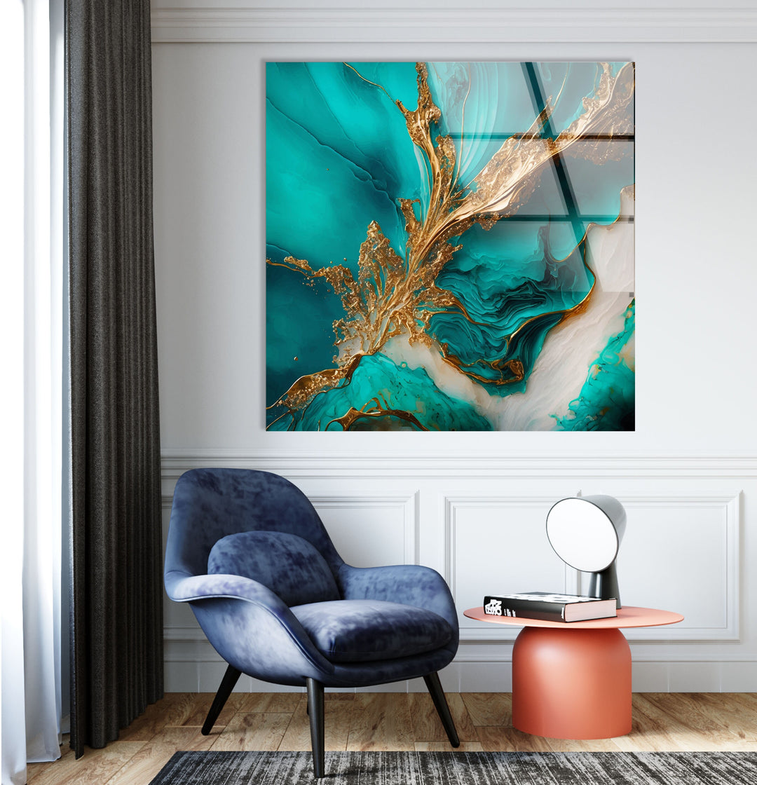 Gold Ink Turquoise Abstract Glass Wall Art, glass photo prints, glass picture prints