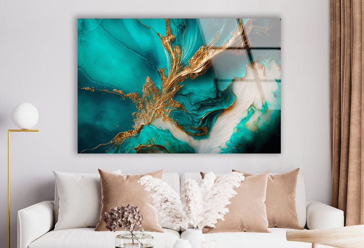 Gold Ink Turquoise Abstract Glass Wall Art, Glass Printing Wall Art, Print photos on glass