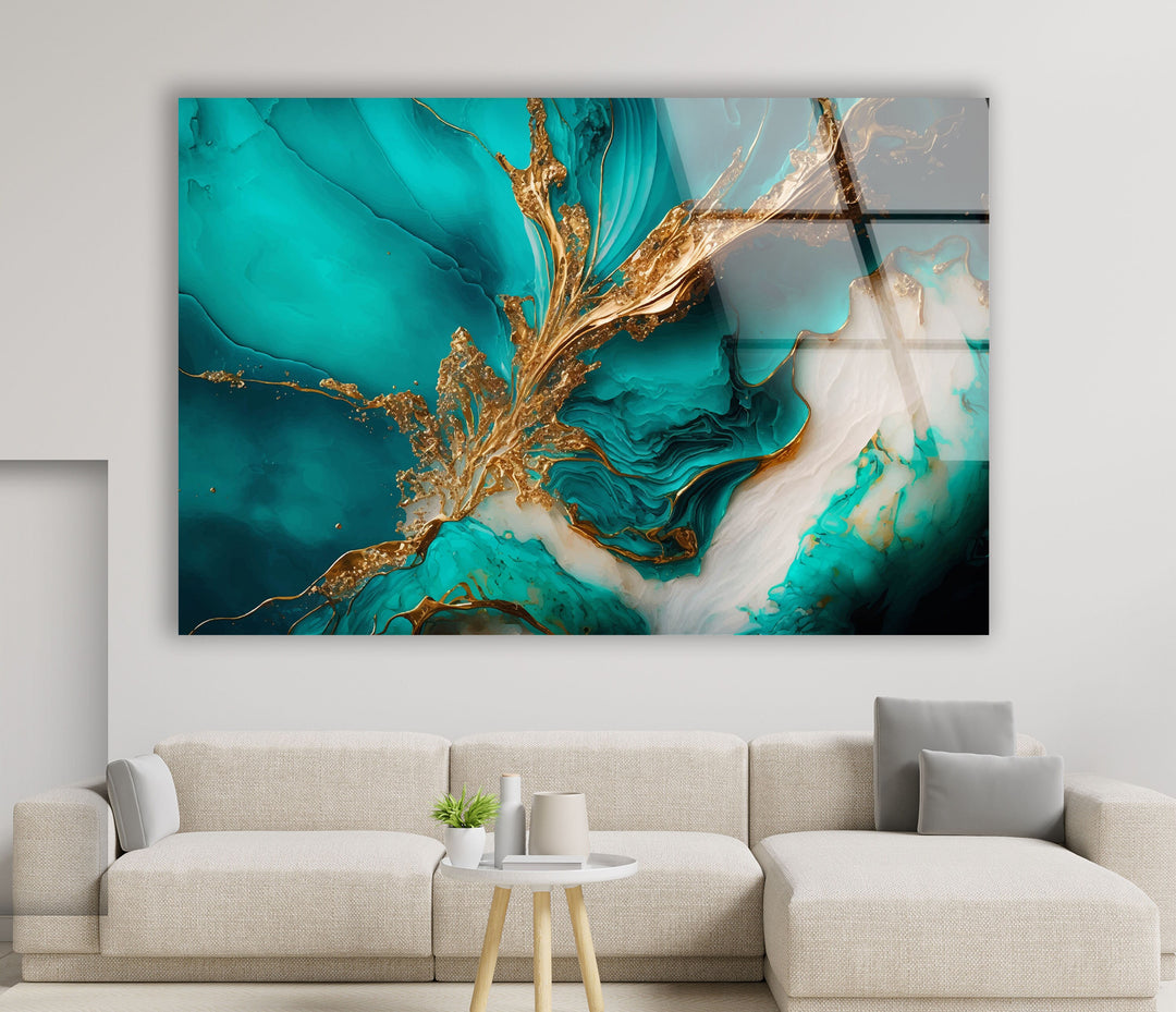 Gold Ink Turquoise Abstract Glass Wall Art, glass wall art decor, glass art prints