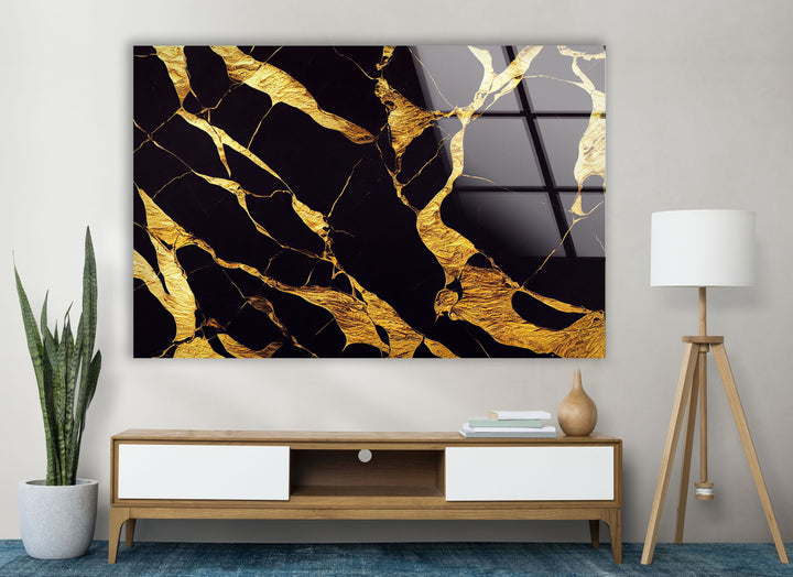 Golden Marbling Abstract Glass Wall Art , print on glass, glass printed photos