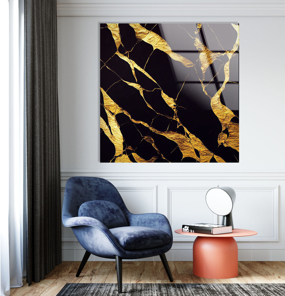 Golden Marbling Abstract Glass Wall Art , picture on glass wall art, photos printed on glass