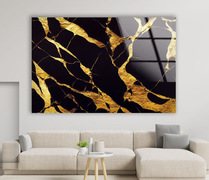 Golden Marbling Abstract Glass Wall Art , glass wall decor, Tempered Glass Wall Art