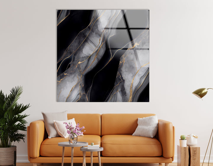 Gold and Black Onyx Abstract Glass Wall Art , glass pictures for Wall, glass prints wall art