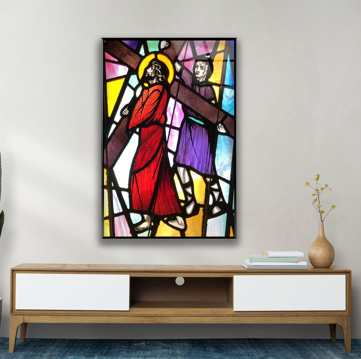 Simon Cyrene Helps Jesus Glass Wall Decor | Glass Art Paintings