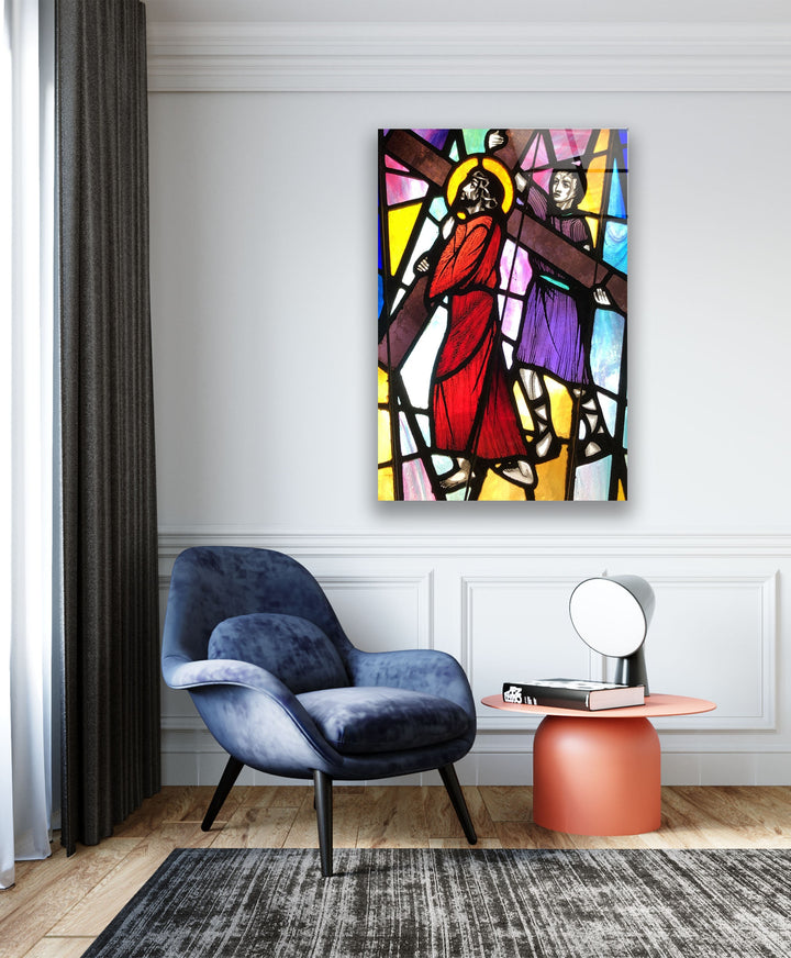 Simon Cyrene Helps Jesus Glass Picture Prints | Modern Wall Art