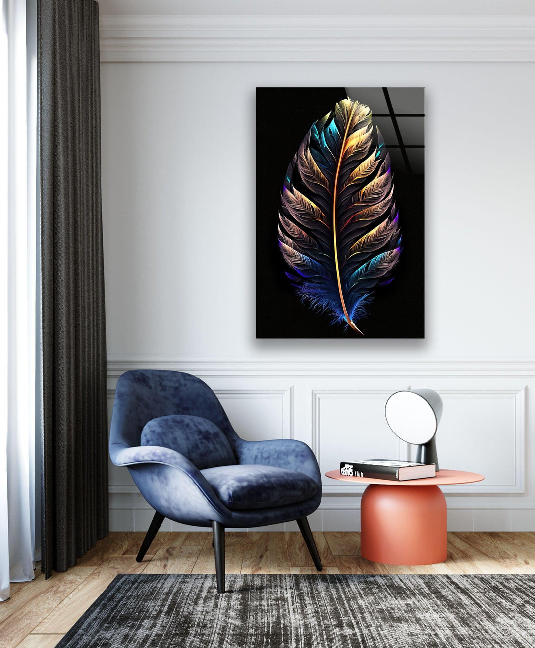 Neon Color Bird Feather Glass Wall Art, glass pictures for Wall, glass prints wall art