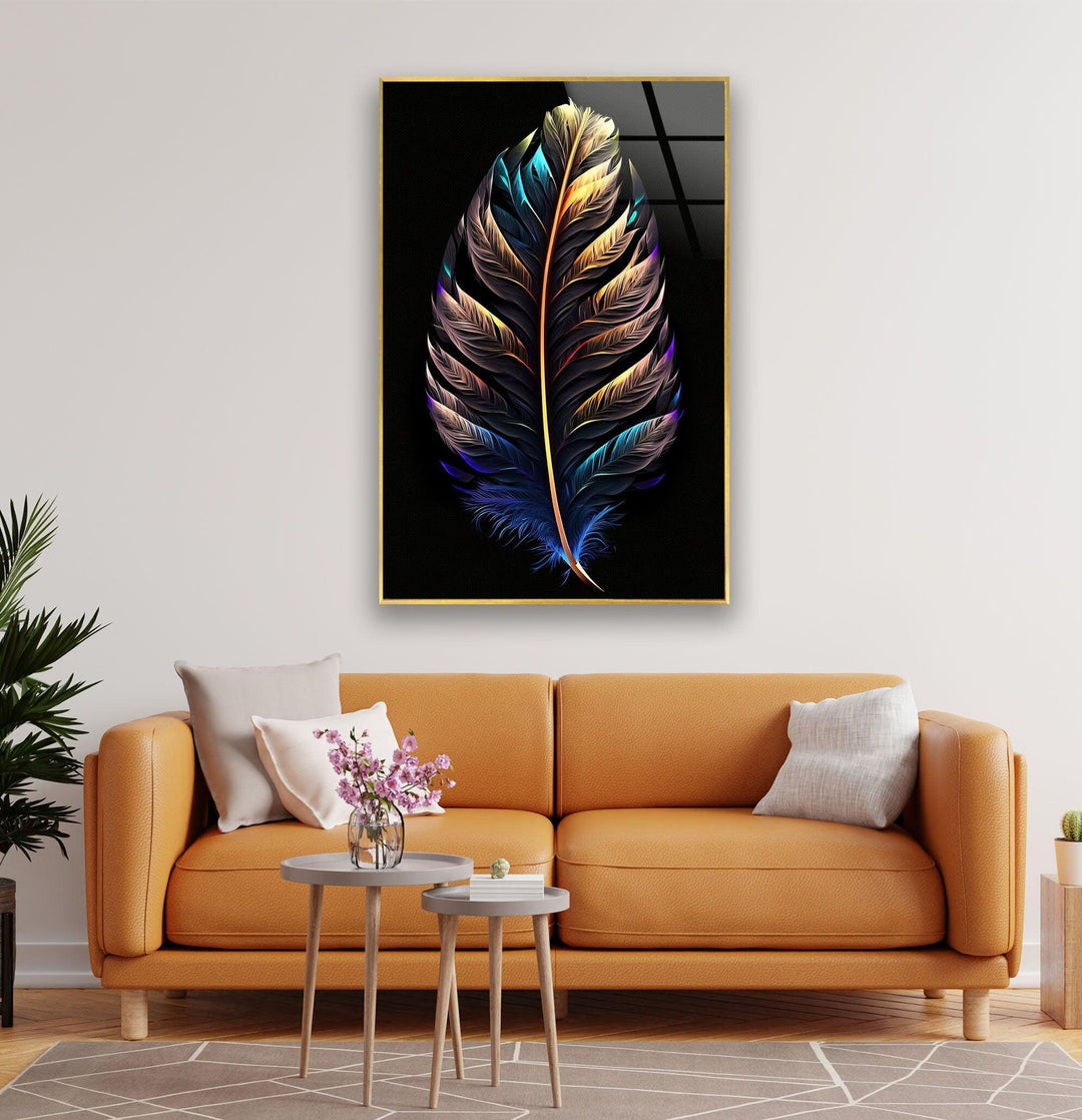 Neon Color Bird Feather Glass Wall Art, large glass photo prints, glass wall photos