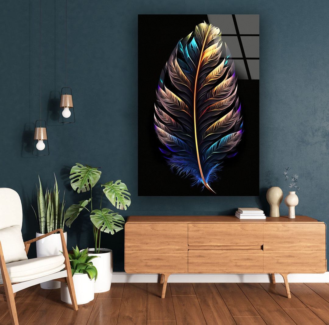 Neon Color Bird Feather Glass Wall Art, print on glass, glass printed photos