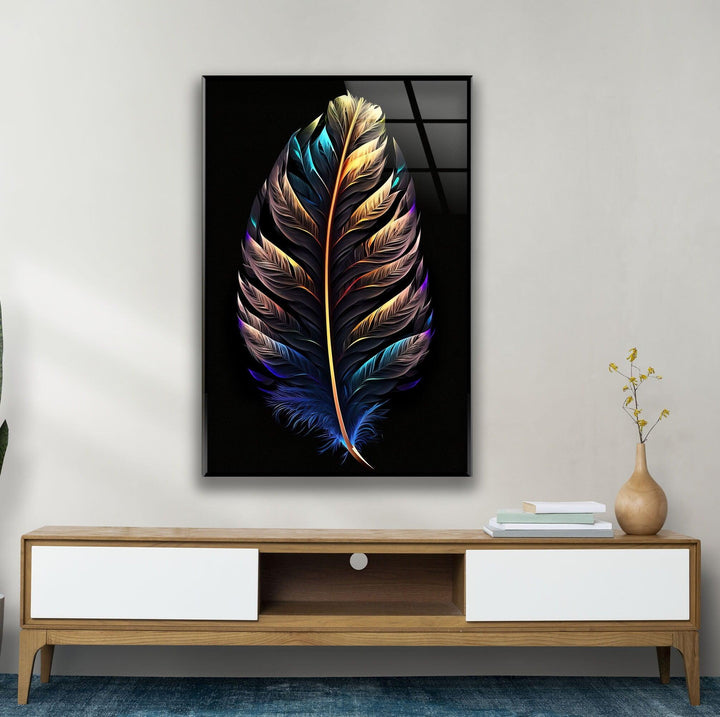 Neon Color Bird Feather Glass Wall Art, glass image printing, glass prints from photos