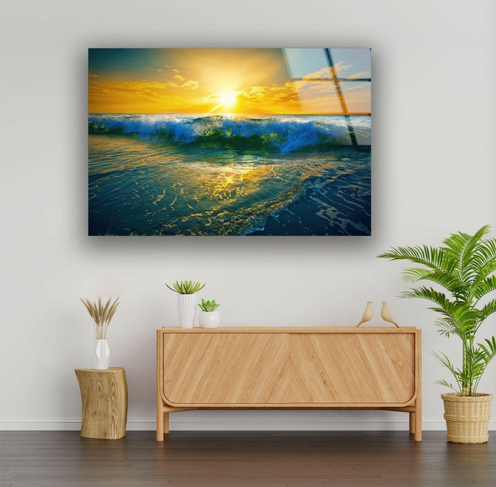 Sunrise Ocean Waves Glass Wall Art