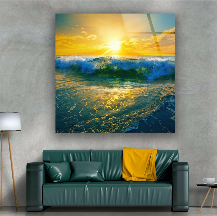 Sunrise Ocean Waves Glass Wall Art