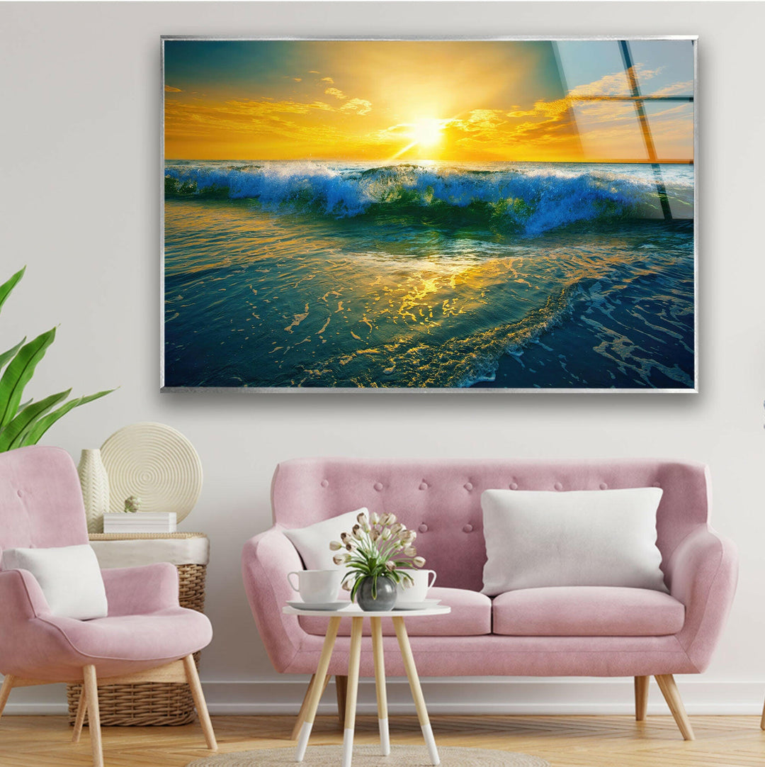 Sunrise Ocean Waves Glass Wall Art