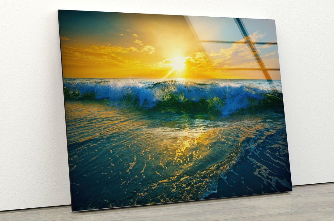 Sunrise Ocean Waves Glass Wall Art