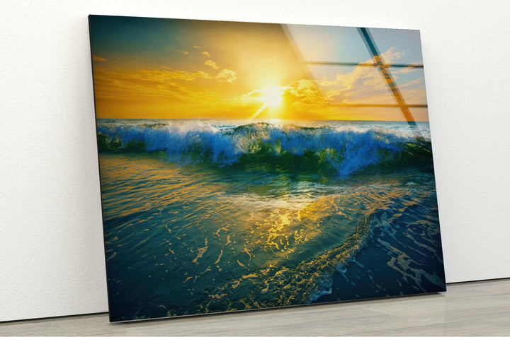 Sunrise Ocean Waves Glass Wall Art