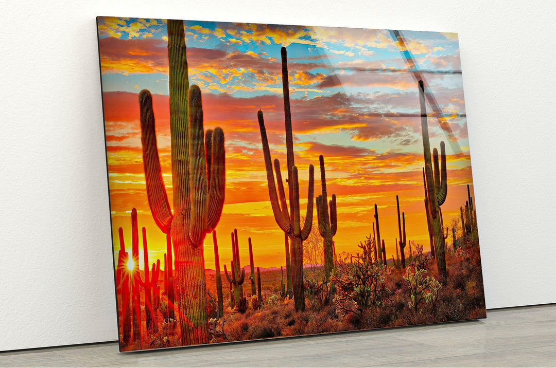 Desert Sunset With Saguaros Glass Wall Art