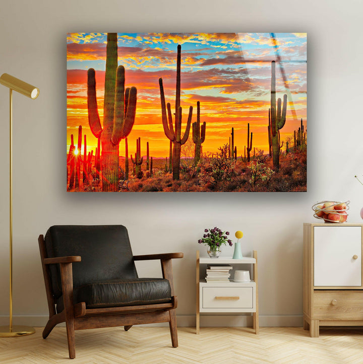 Desert Sunset With Saguaros Glass Wall Art