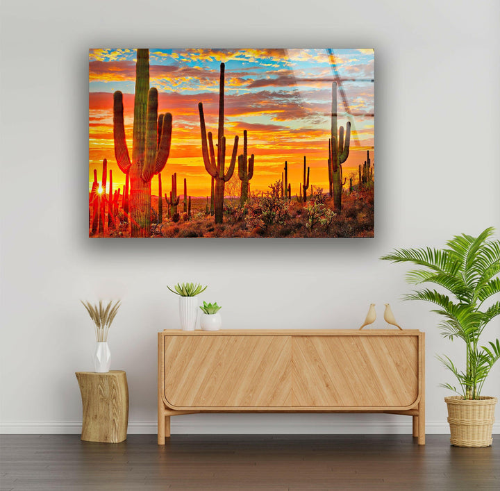 Desert Sunset With Saguaros Glass Wall Art