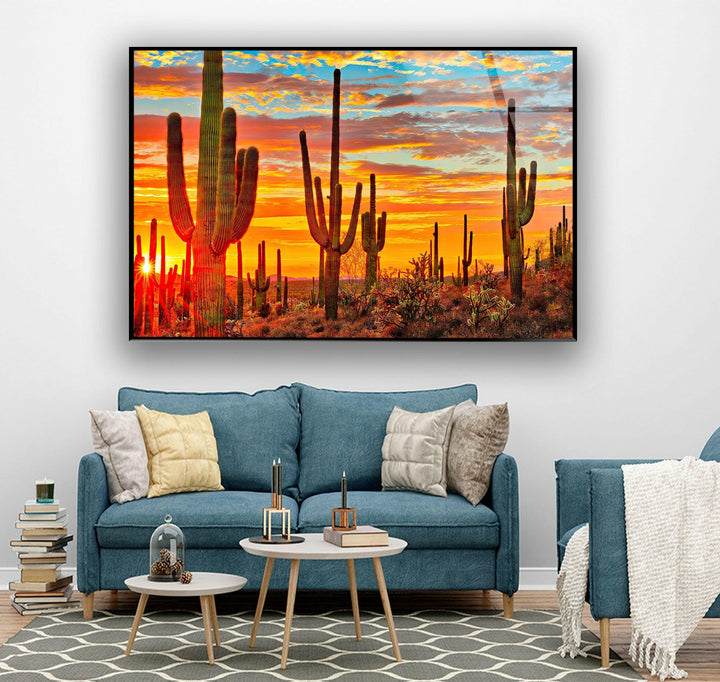 Desert Sunset With Saguaros Glass Wall Art