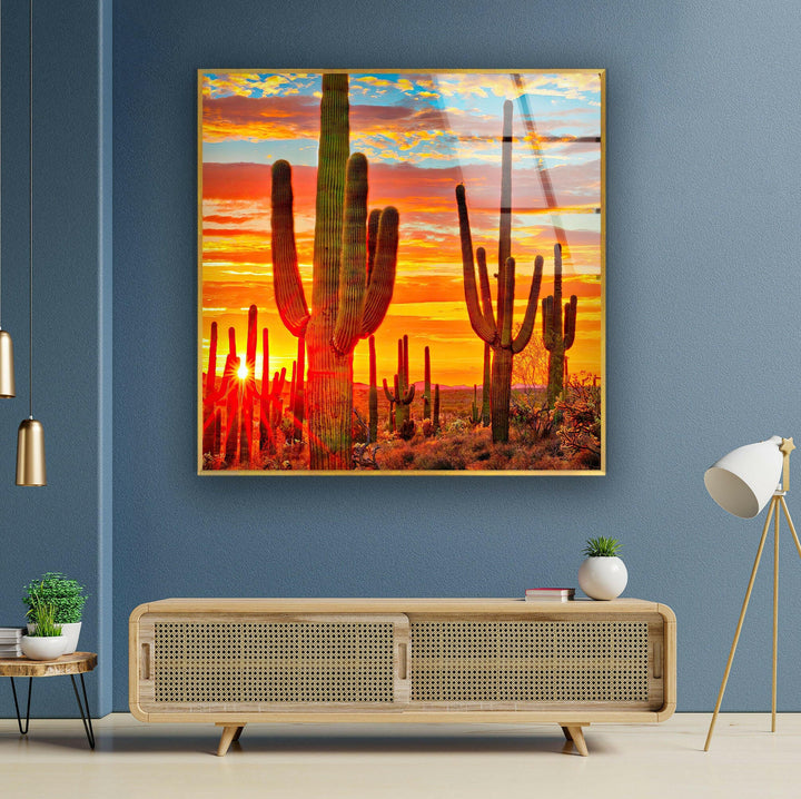 Desert Sunset With Saguaros Glass Wall Art