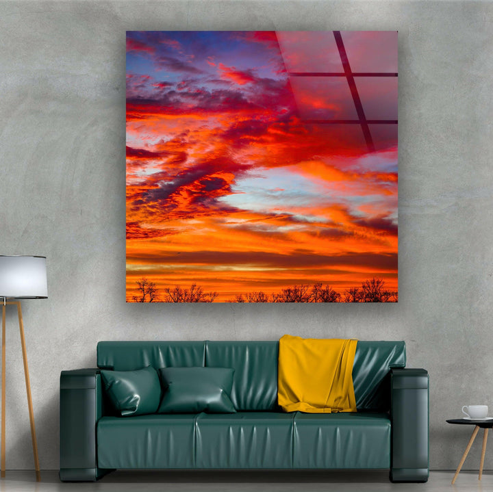 Sunset Sky Red Glass Wall Art print picture on glass, Tempered Glass Wall Art