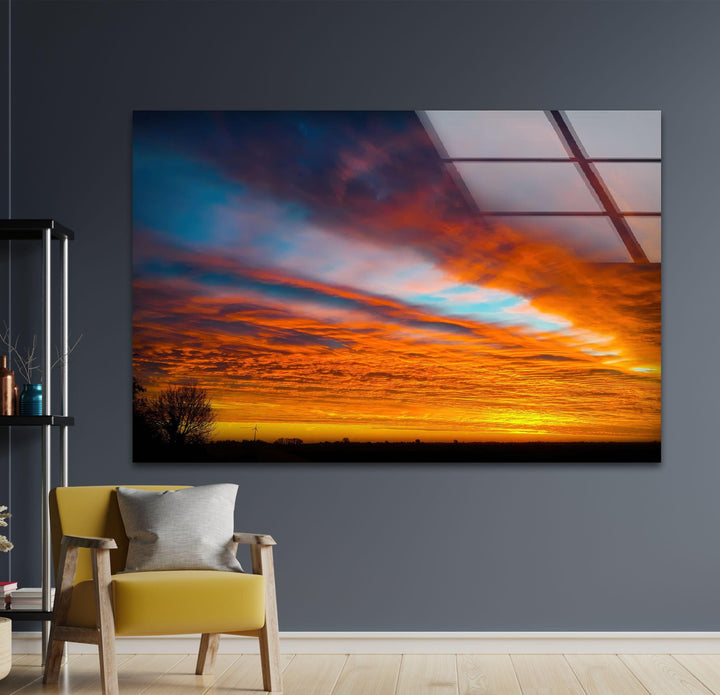 Sunset Orange Landscape Glass Wall Art print picture on glass, Tempered Glass Wall Art