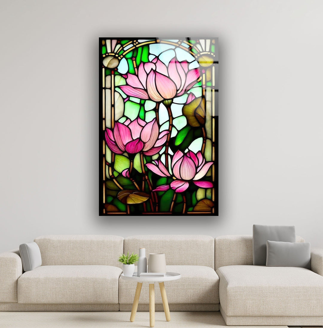 Stained Glass Pink Water Lily Glass Wall Art, glass pictures for Wall, glass prints wall art