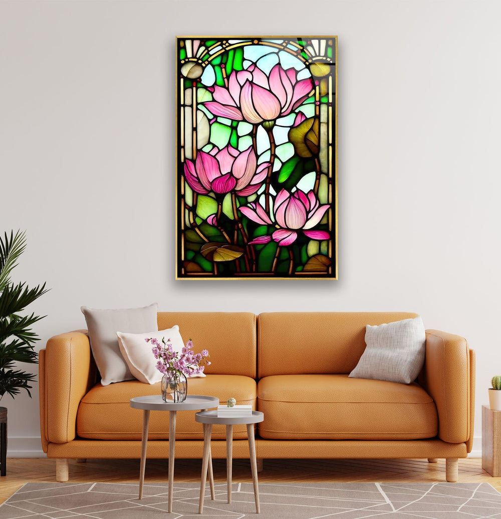 Stained Glass Pink Water Lily Glass Wall Art, glass wall decor, glass wall art decor