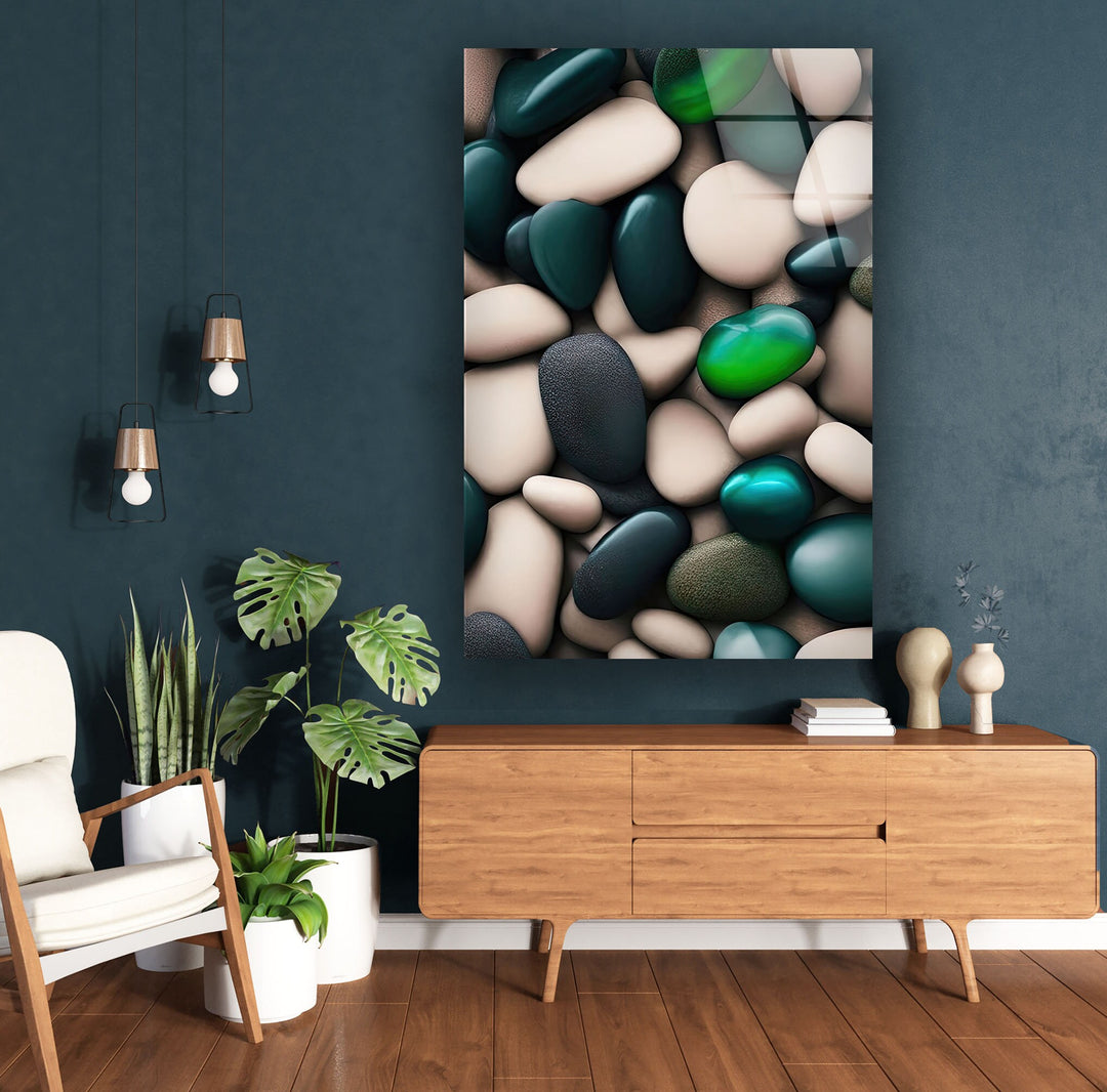 Sea Stones White & Green Glass Wall Art print picture on glass, Tempered Glass Wall Art