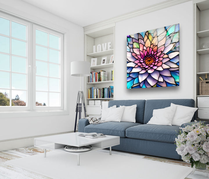 Vivid Floral Lotus Stained Glass Wall Art photo print on glass, prints on glass wall art