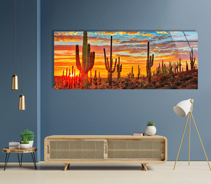 Sunset at Sonoran Desert, Cactus Glass Wall Art, glass wall decor, glass wall art decor