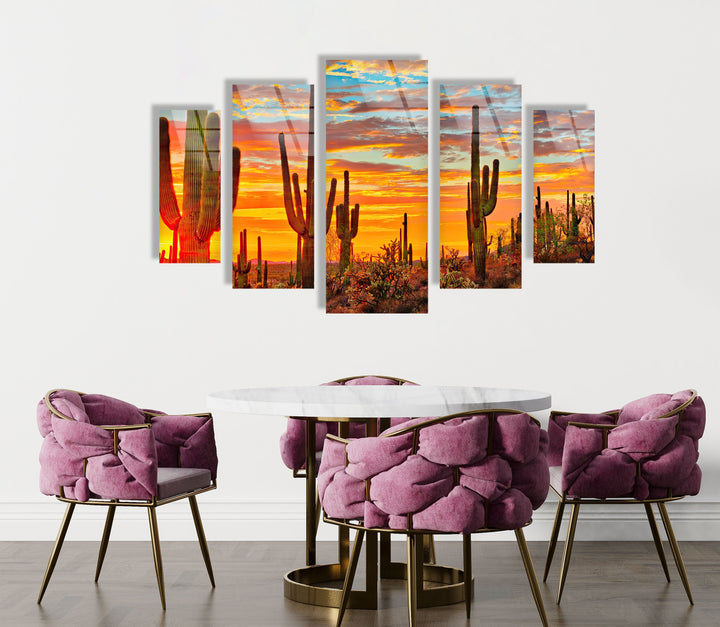 Sunset at Sonoran Desert, Cactus Glass Wall Art, Glass Printing Wall Art, Print photos on glass