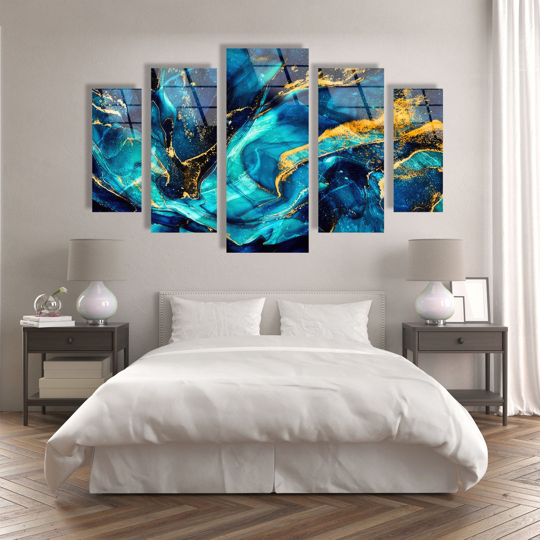 Blue&Gold Marbled Abstract Glass Wall Art, photo print on glass, prints on glass wall art