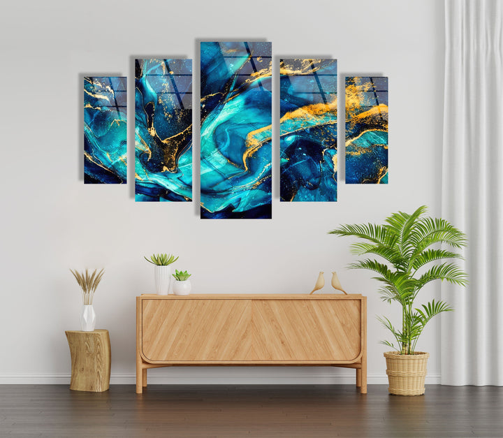 Blue&Gold Marbled Abstract Glass Wall Art, print picture on glass, Tempered Glass Wall Art