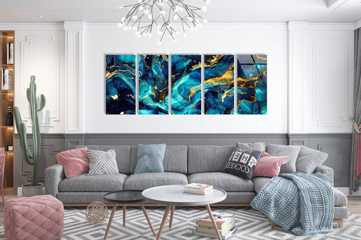 Blue&Gold Marbled Abstract Glass Wall Art, custom glass photo prints, large glass prints