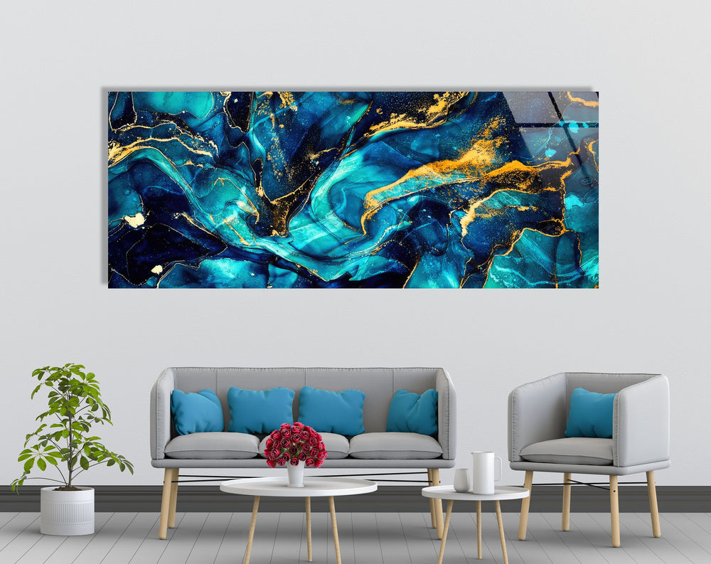 Blue&Gold Marbled Abstract Glass Wall Art, glass image printing, glass prints from photos