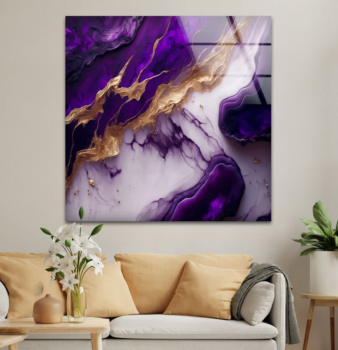 Purple with Gold Alcohol ink Tempered Glass Printing Wall Art