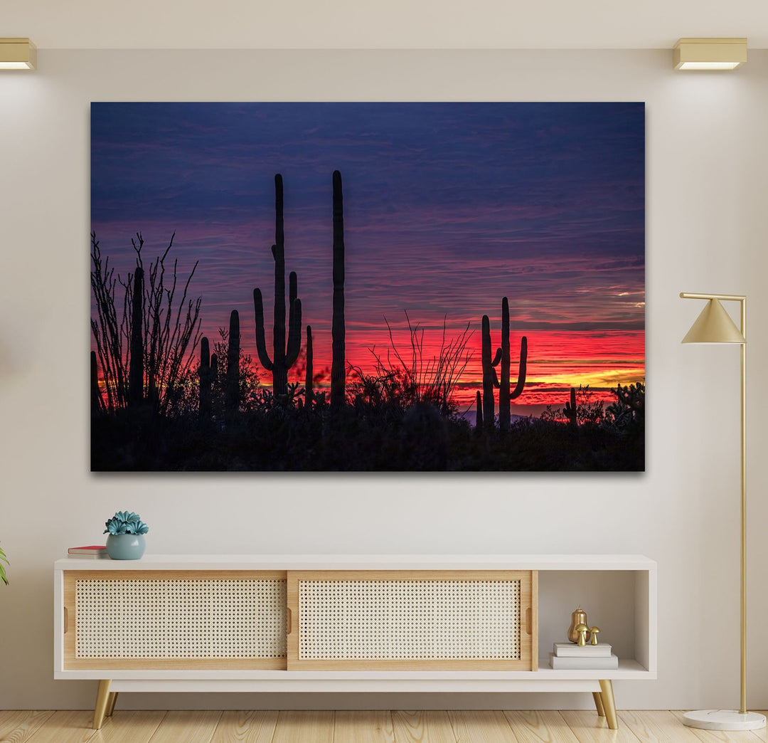 Saguaro Sunset Landscape Glass Wall Art print picture on glass, Tempered Glass Wall Art