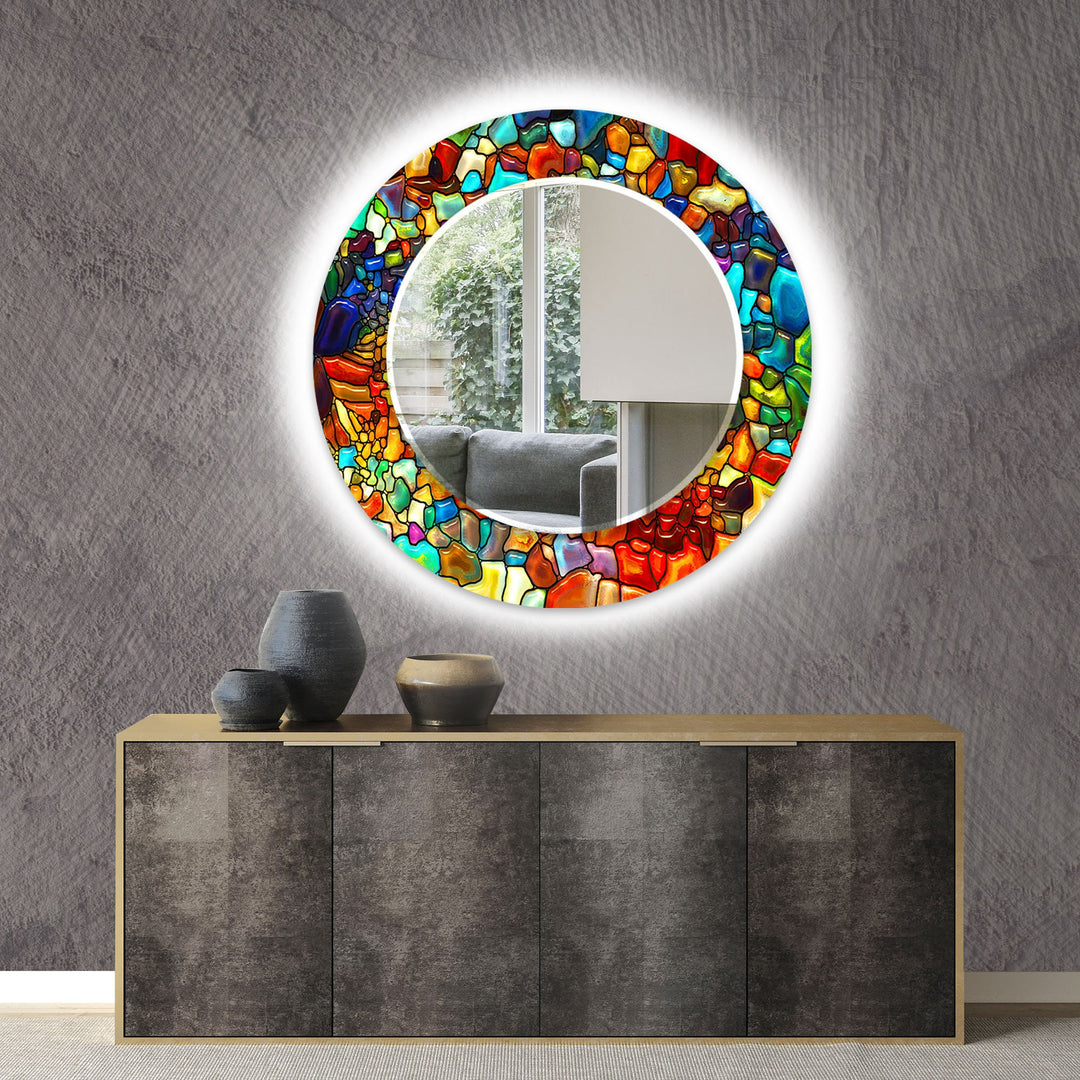 Stained Colored Stones Round Wall Mirror backlit mirror
