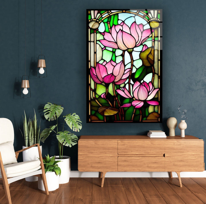 Stained Glass Pink Water Lily Glass Wall Art, glass image printing, glass prints from photos