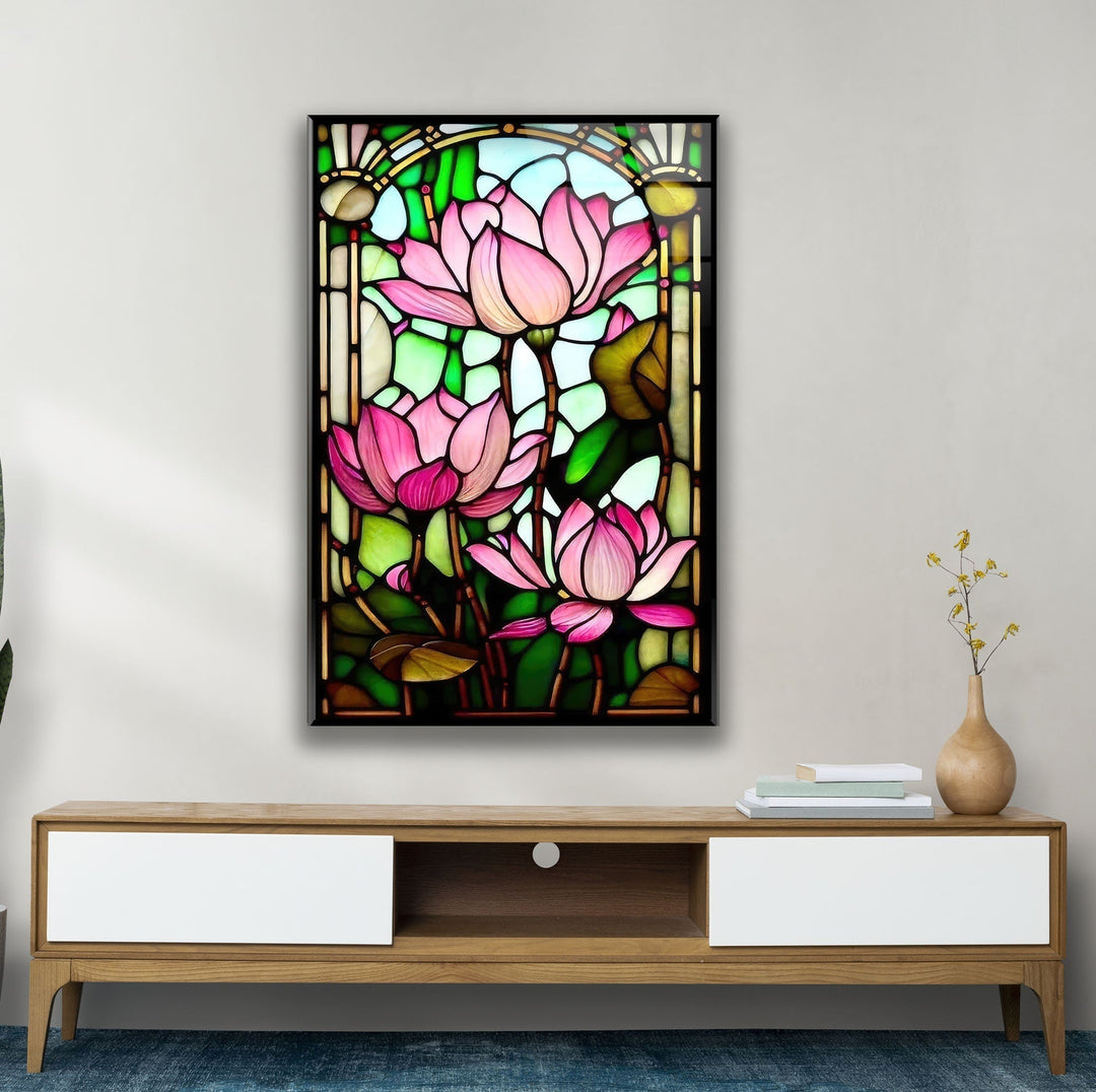 Stained Glass Pink Water Lily Glass Wall Art, glass photo prints, glass picture prints