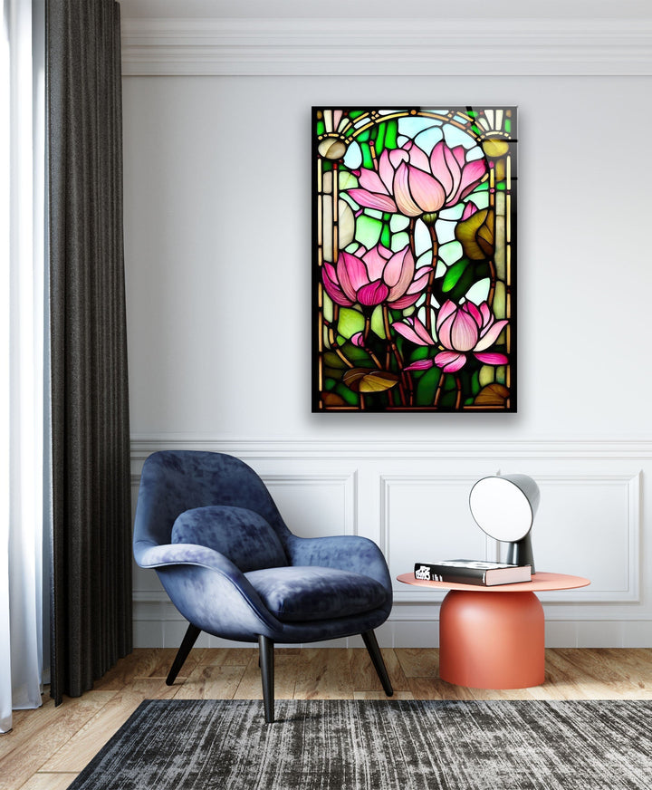 Stained Glass Pink Water Lily Glass Wall Art, large glass photo prints, glass wall photos