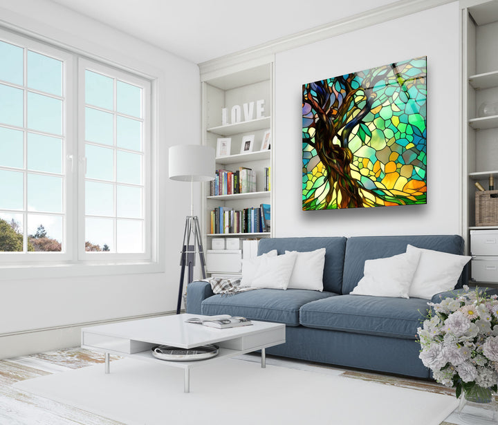 Life of Tree Green Stained Glass Wall Art photo print on glass, prints on glass wall art