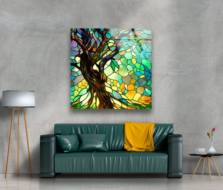 Life of Tree Green Stained Glass Wall Art glass pictures for Wall, glass prints wall art