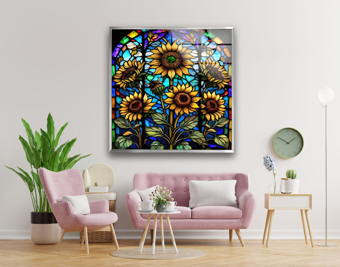 Sunflower Stained Window Glass Wall Art, large glass photo prints, glass wall photos