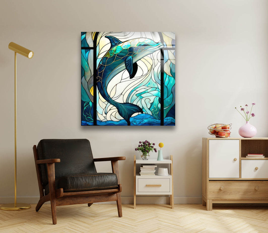 Stained Dolphin Glass Wall Art glass art painting, glass art for the Wall