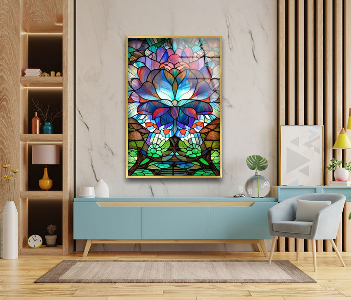 Stained Lotus Floral Glass Wall Art print picture on glass, Tempered Glass Wall Art