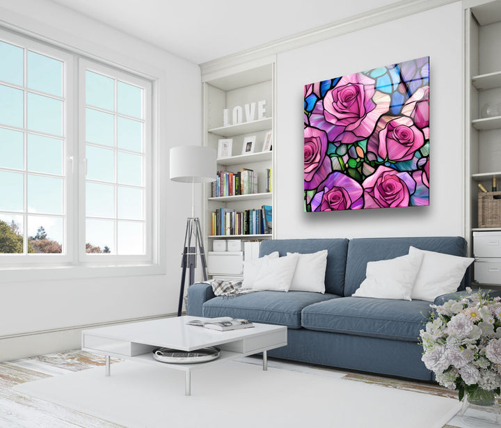 Stained Pink Roses Glass Wall Art glass art painting, glass art for the Wall