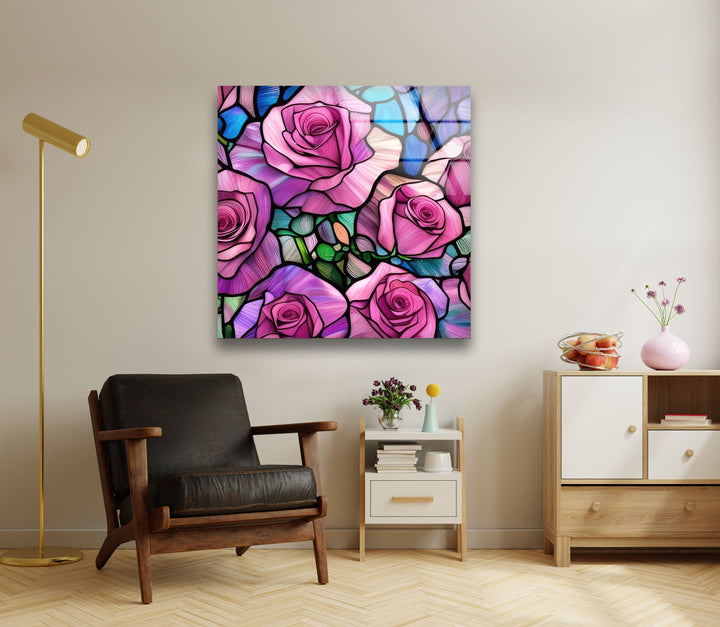 Stained Pink Roses Glass Wall Art Glass Printing Wall Art, Print photos on glass