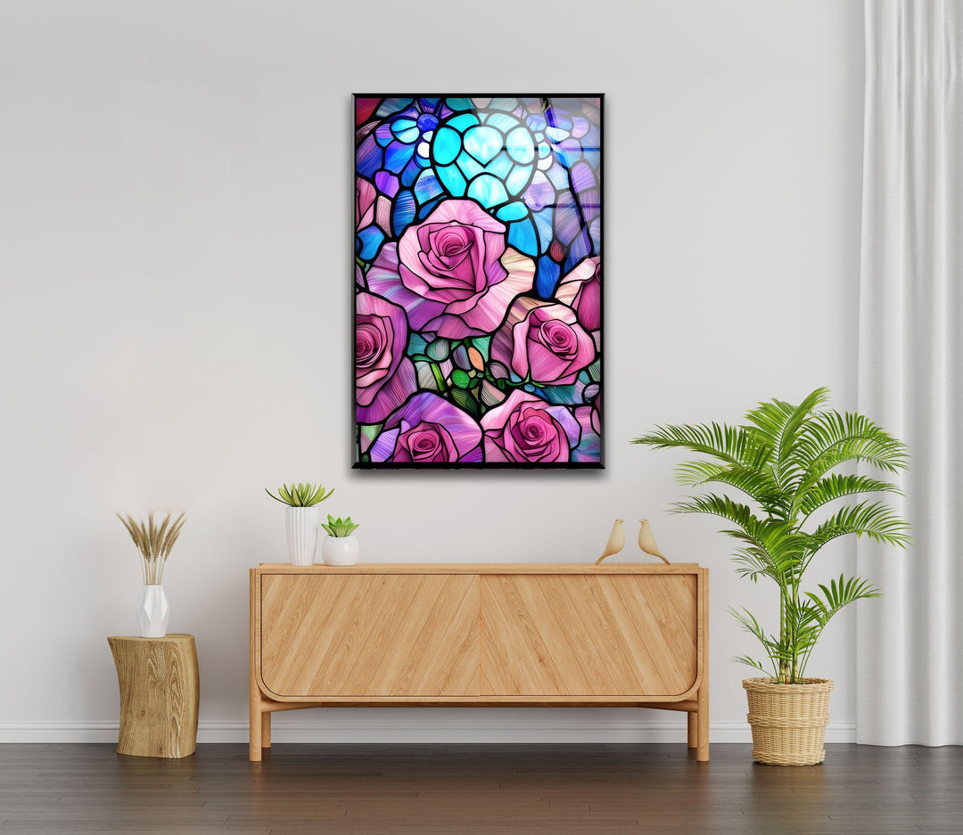 Staineda Pink Roses Glass Wall Art print on glass, glass printed photos